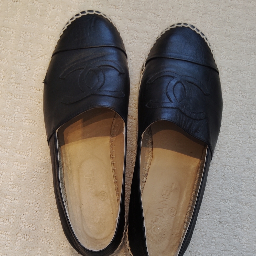 CHANEL Black Leather Espadrilles Authentic